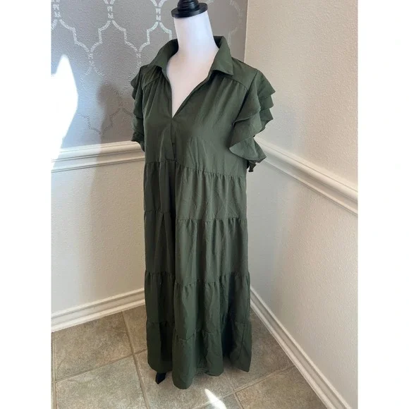 Umgee XL Olive Green Maxi Dress Ruffle Short Sleeve Tiered Casual Boho Flowy - Picture 6 of 7